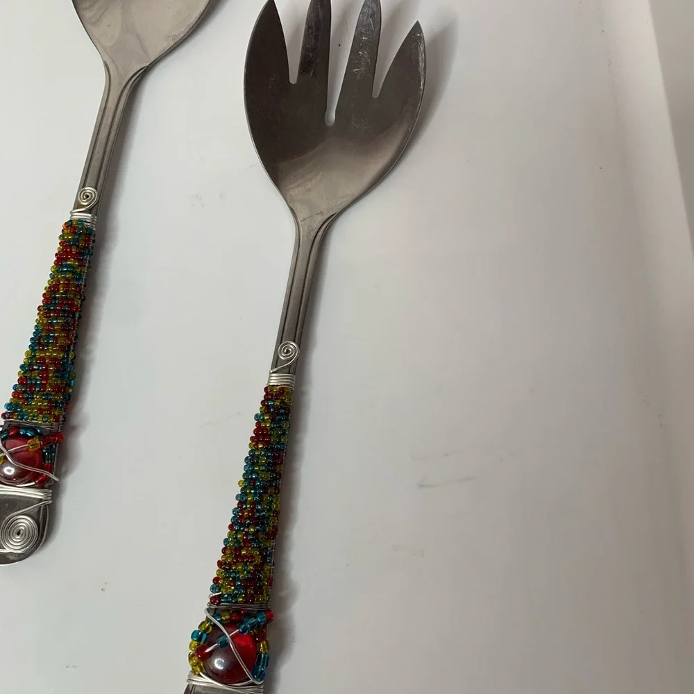 beaded serving fork and spoon, multicolored beads wire accents